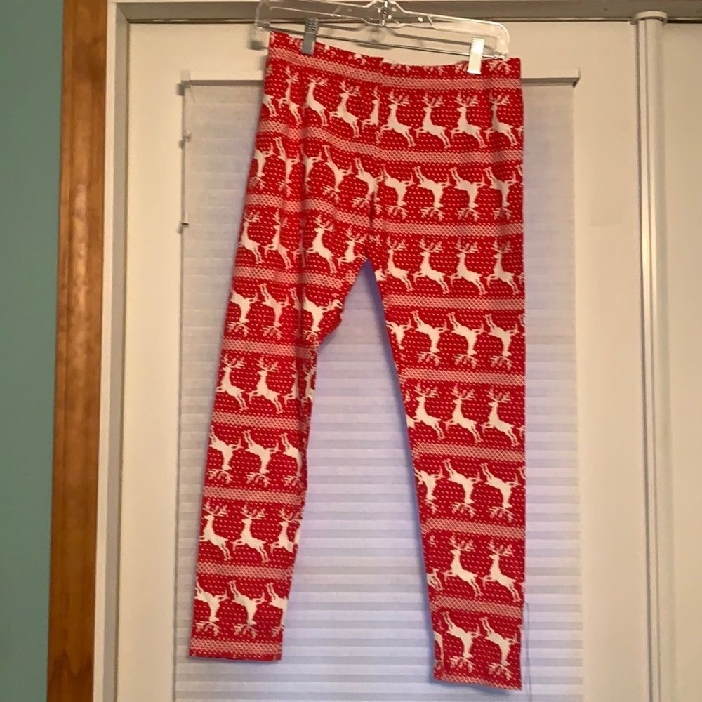 Christmas Reindeer Leggings Pants Red White Large 11/13 New